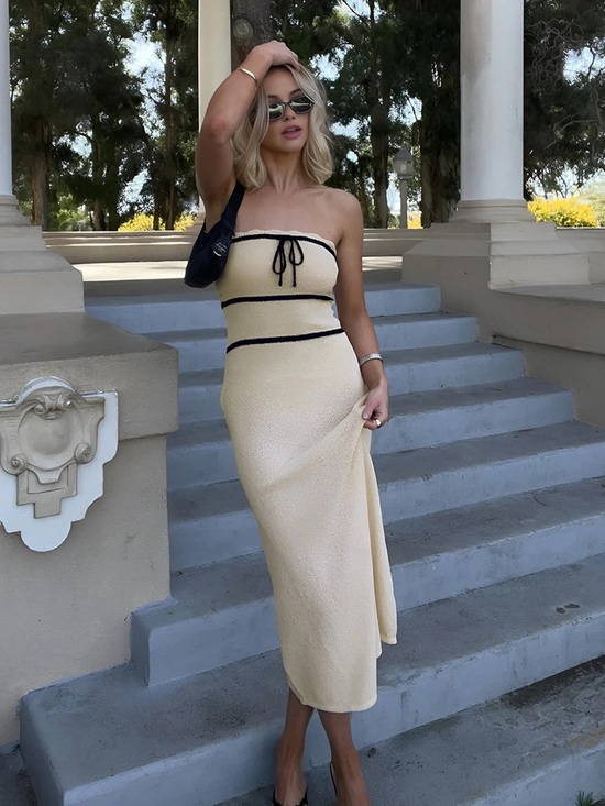Commense Dresses & Skirts - Commense Knotted Tube Midi Sweater Dress in Apricot-XL
